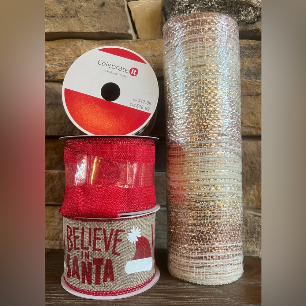 3 Wired Ribbon & 1 Roll Christmas Polypropylene Mesh Ribbon